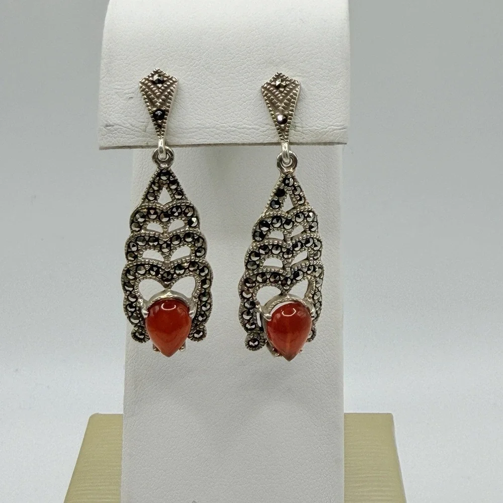 Vintage Sterling Silver 925 & Red Agate Marcasite Dangle Earrings Estate Formal